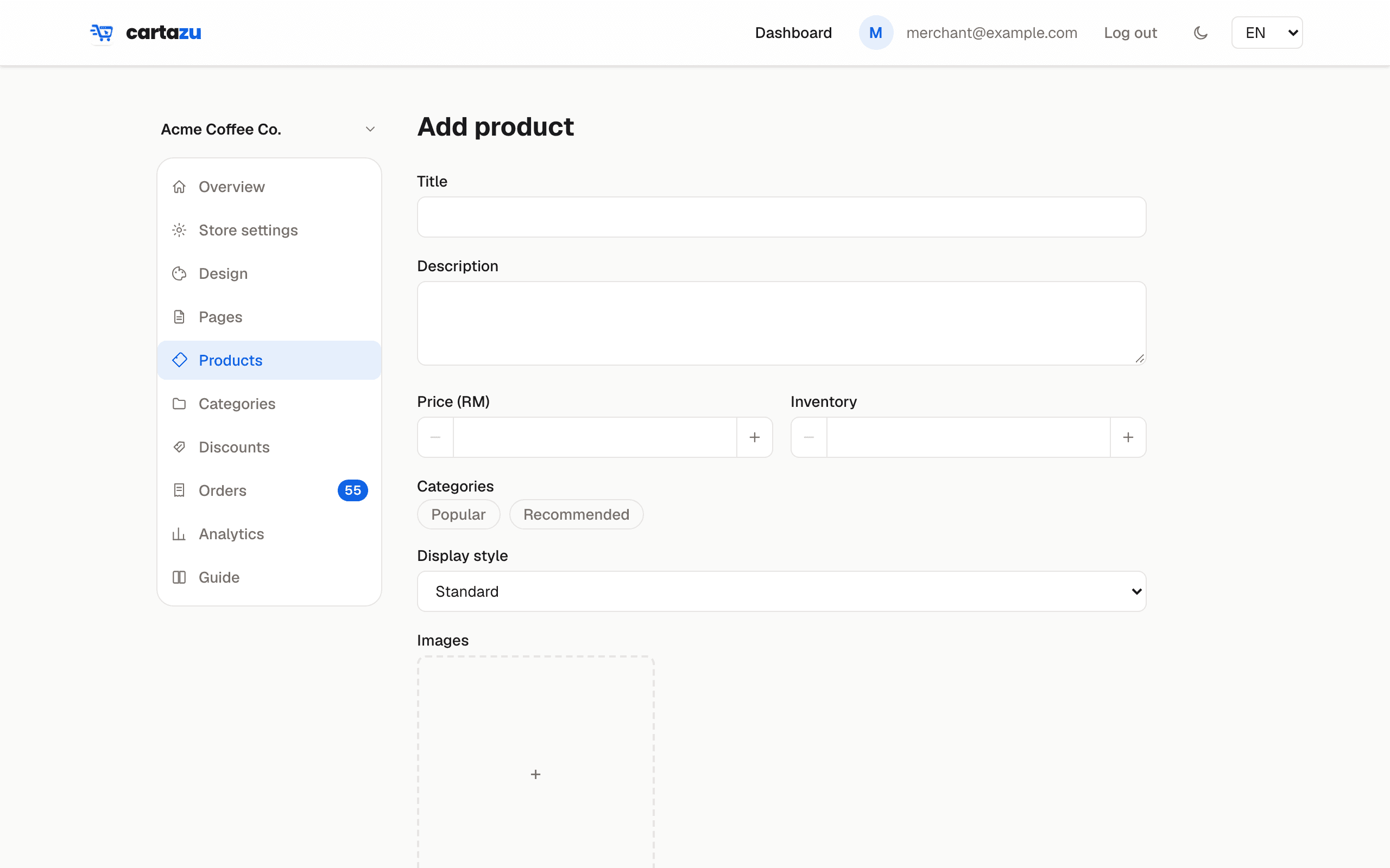 The add product form with title, price, images, and inventory fields