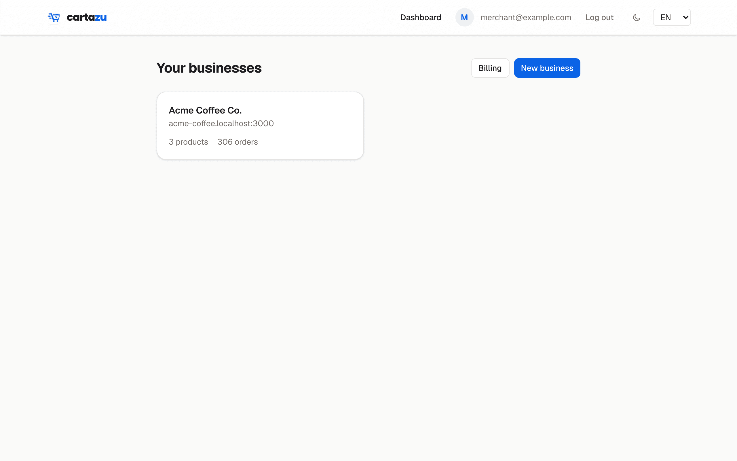 The business list a merchant lands on right after signing up