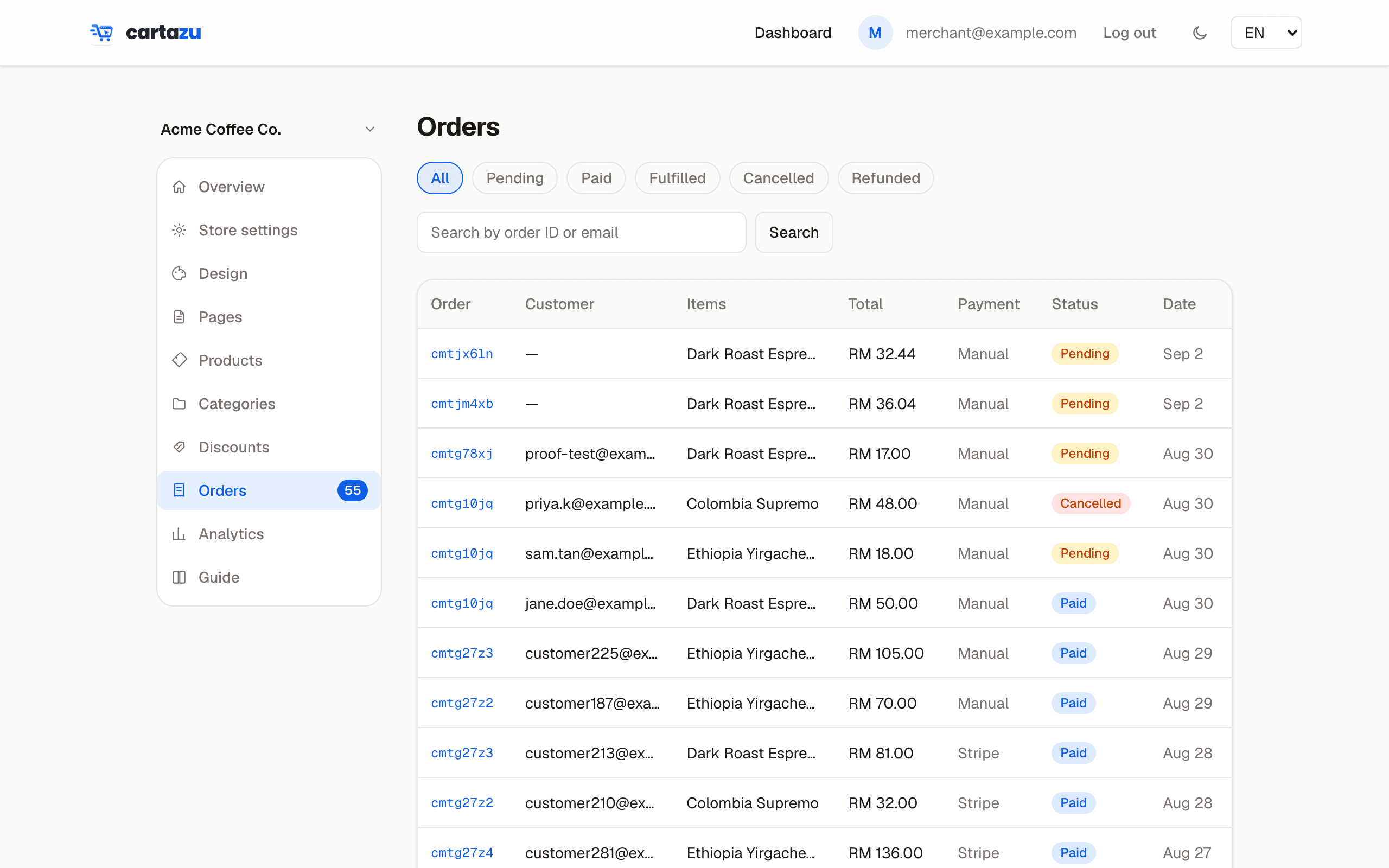 The orders list showing order statuses