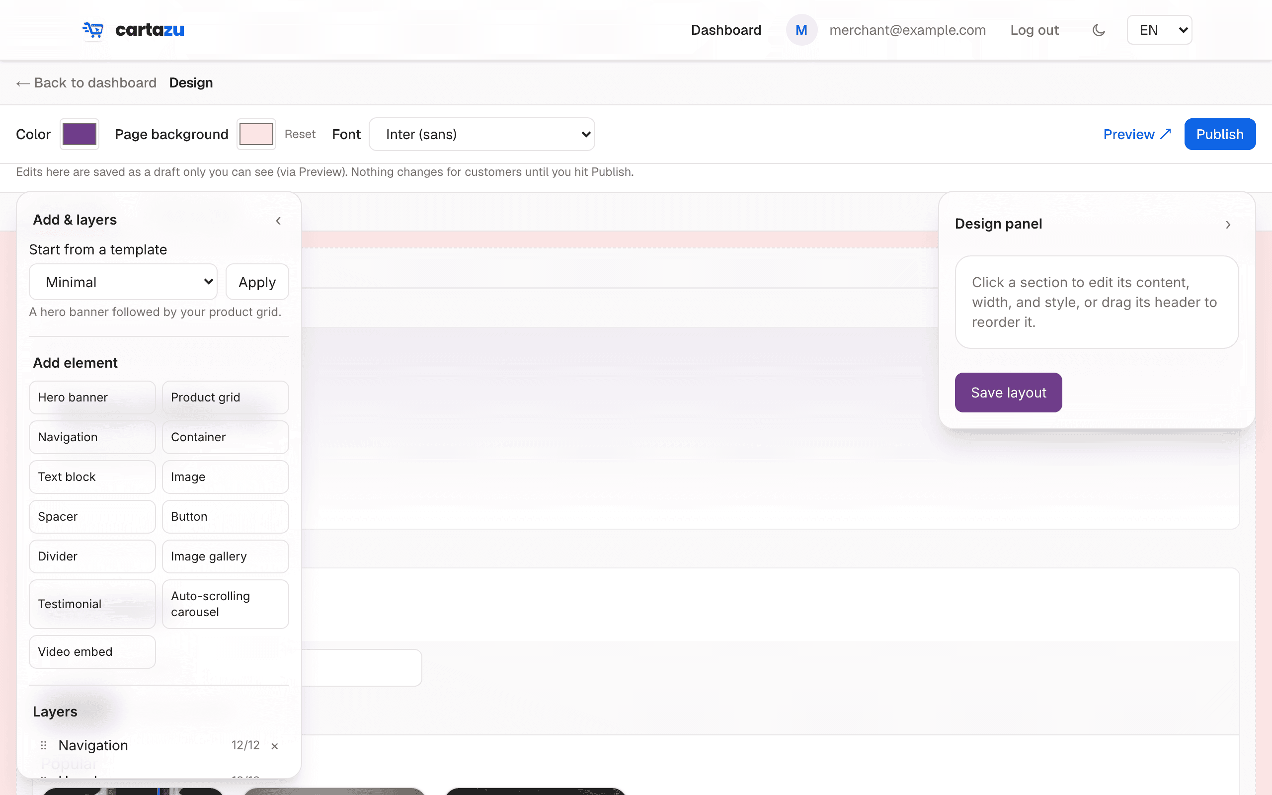 The page builder showing a storefront's sections in edit mode