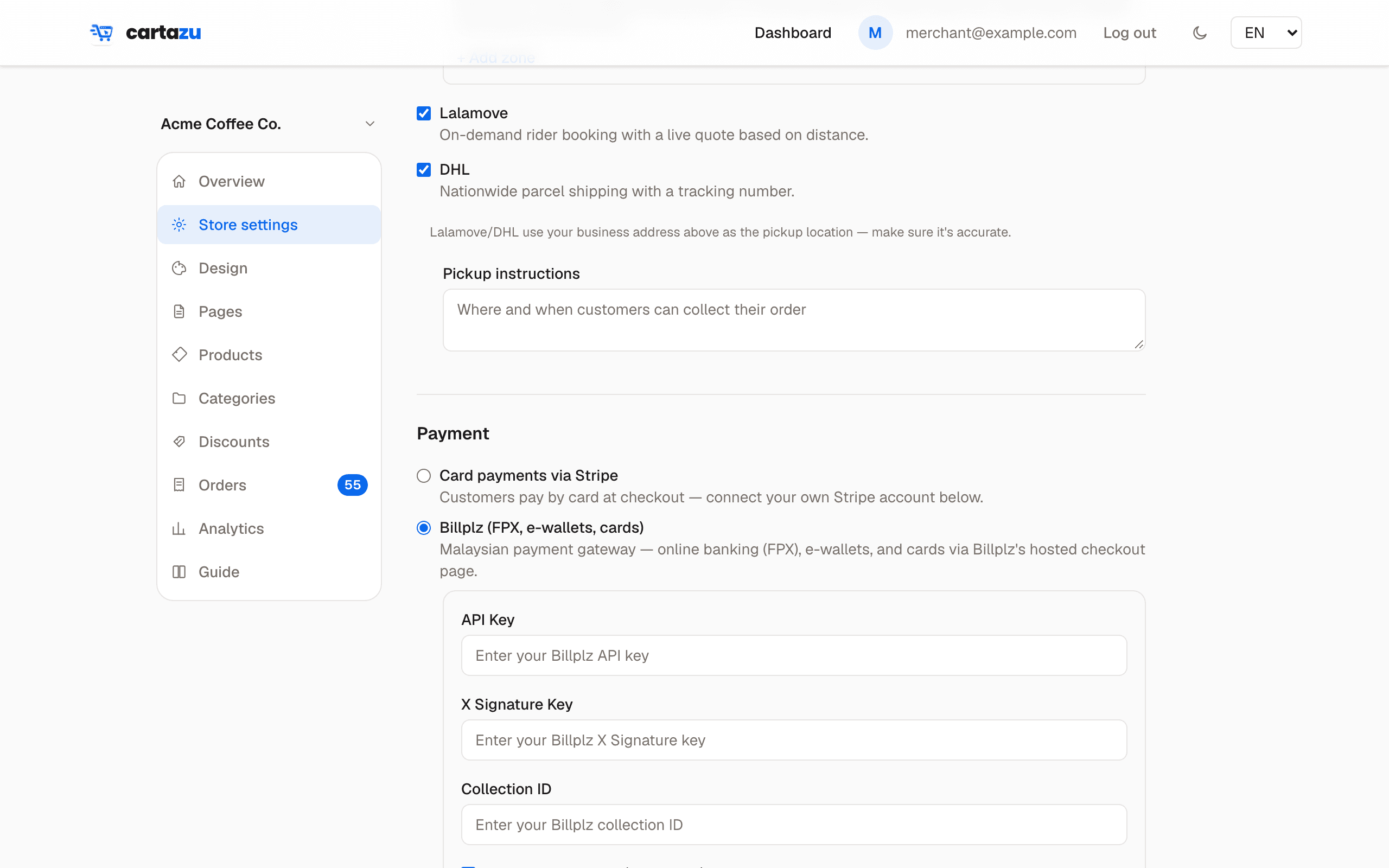 Store settings showing the payment method options