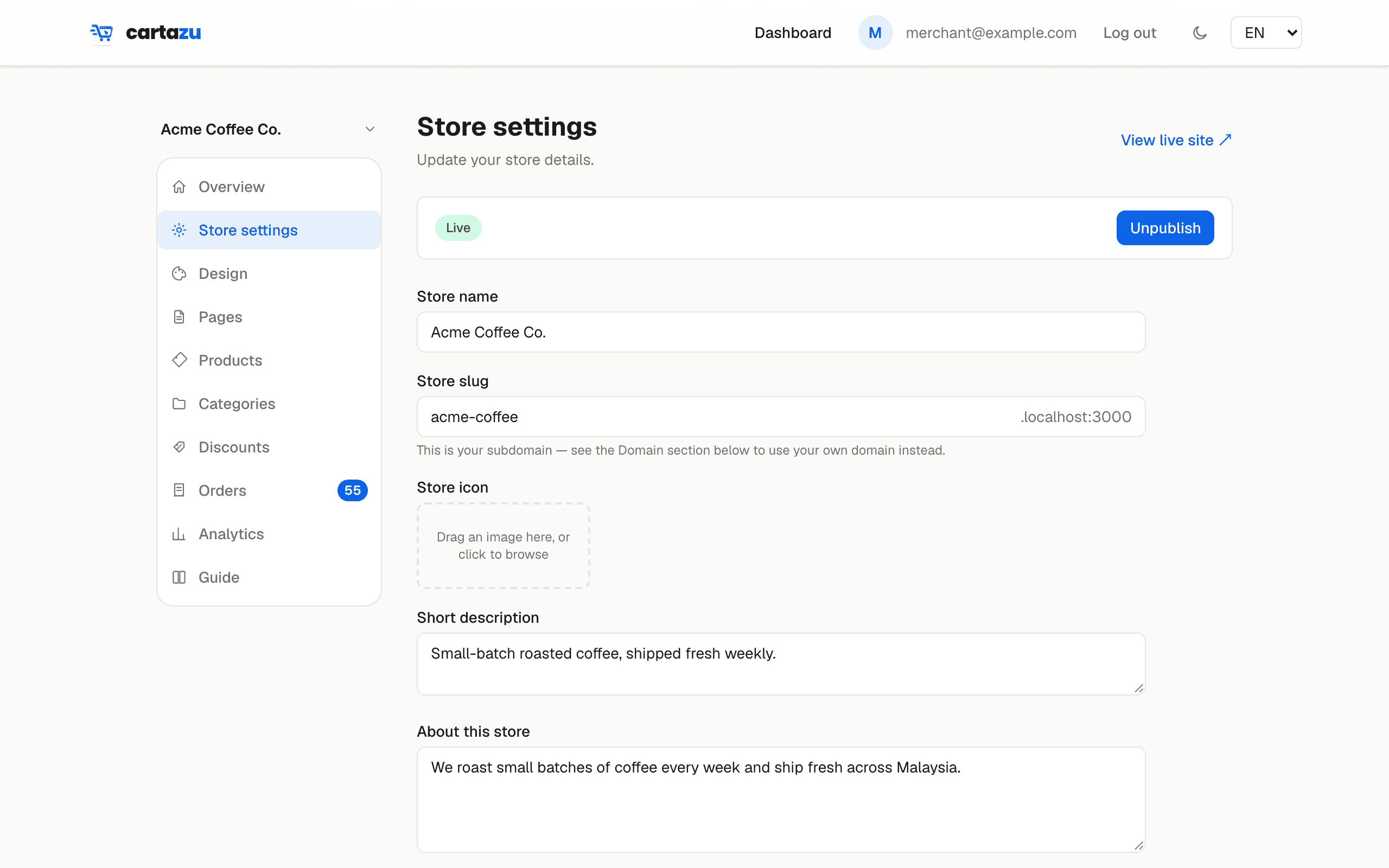 The publish toggle in store settings